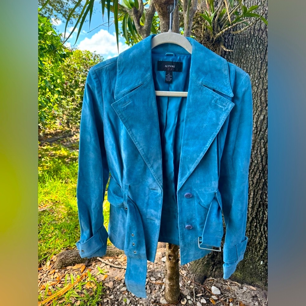 Alfani Turquoise Suede Blue Soft Lined Pockets Belted Button Up Jacket S